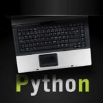 A laptop resting on top of the text 'Python'